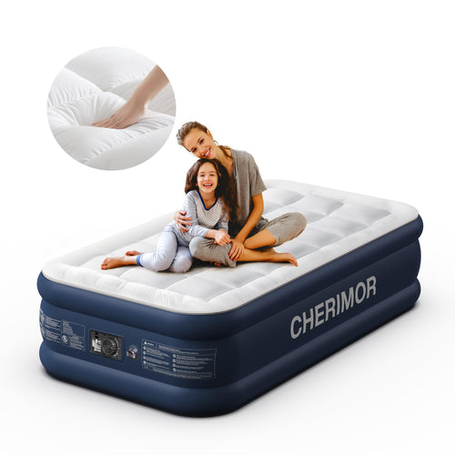 CHERIMOR Twin Air Mattress with Built in Pump and Quilted Mattress Topper 20" Comfort Blow Up Mattress Portable Inflatable Mattress with Carry Bag 2-Min Inflation Air Bed for Guest Home & Camping