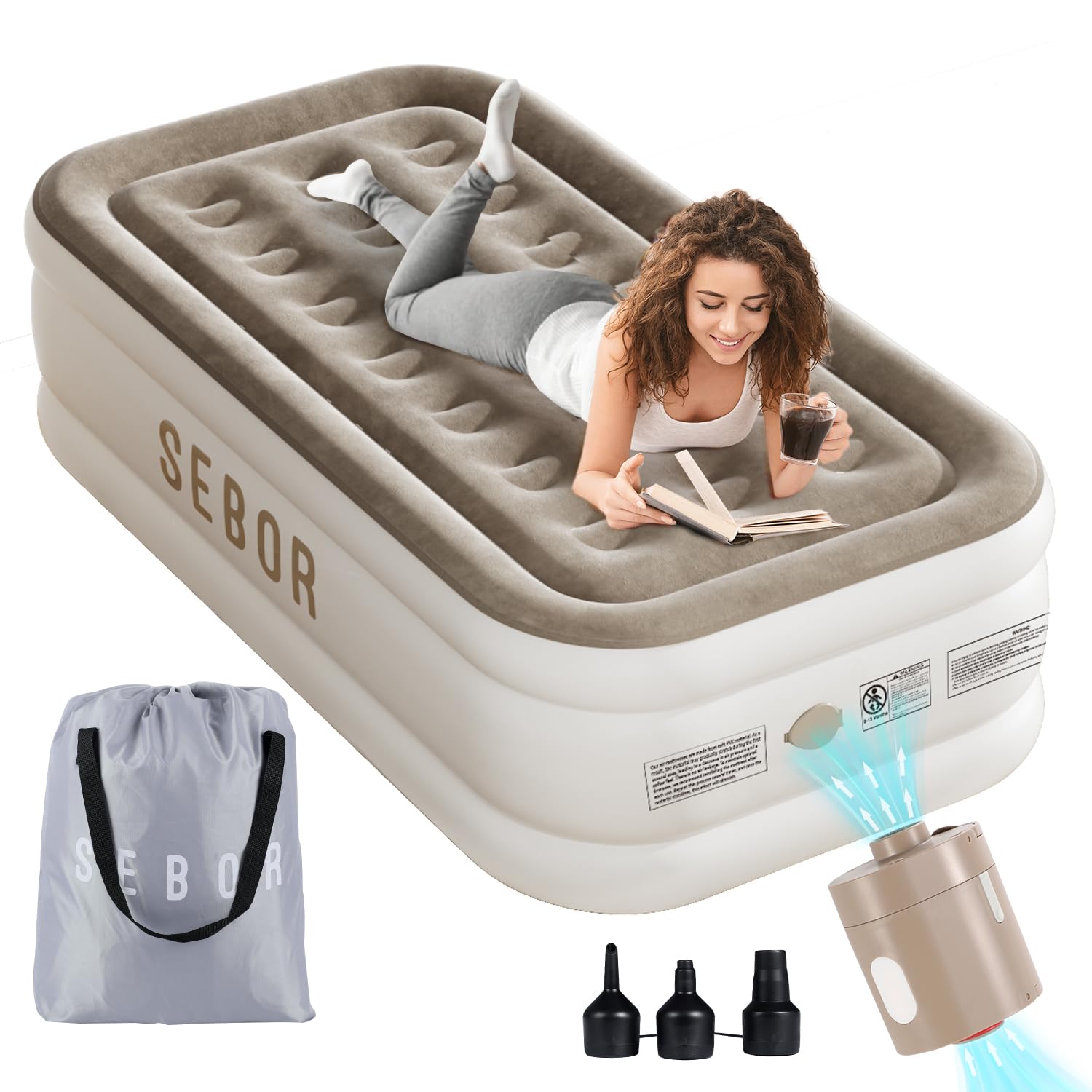 Sebor Air Mattress Twin with Built in Pump 18" Ultimate Comfort Blow up Mattress Twin with Rechargeable Pump Colchon Inflatable Mattress for Home Guest Camping & Office Air Bed 650lbs Max