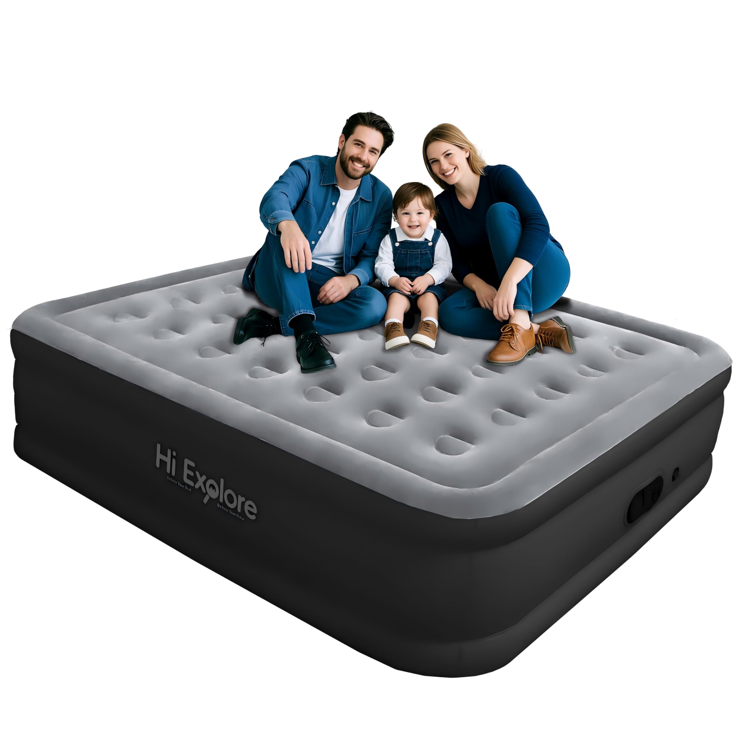 Hi Explore Air Mattress Queen with Built in Pump Raised with Comfort Plush Inflatable Blow Up Mattress Portable Air Bed for Home Guests Camping(Grey 18” Height)