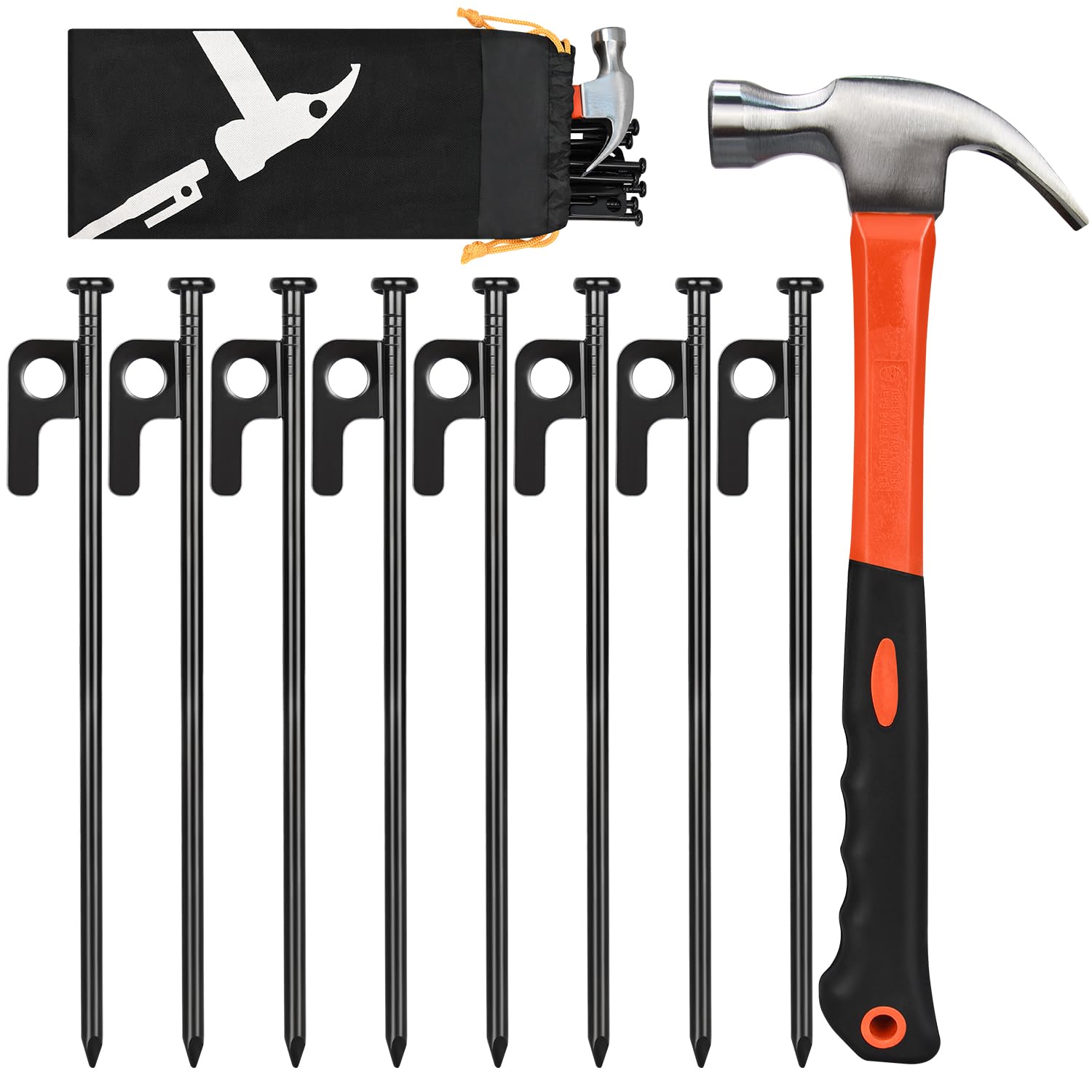 8/16/32 Pack Tent Stakes and Hammer Set 8in Heavy Duty Forged Steel Tent Stakes + 11in Camping Hammer + Storage Pouch Available in Rocky Place(8 Pack 8in Stakes + Hammer)