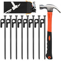 8/16/32 Pack Tent Stakes and Hammer Set 8in Heavy Duty Forged Steel Tent Stakes + 11in Camping Hammer + Storage Pouch Available in Rocky Place(8 Pack 8in Stakes + Hammer)